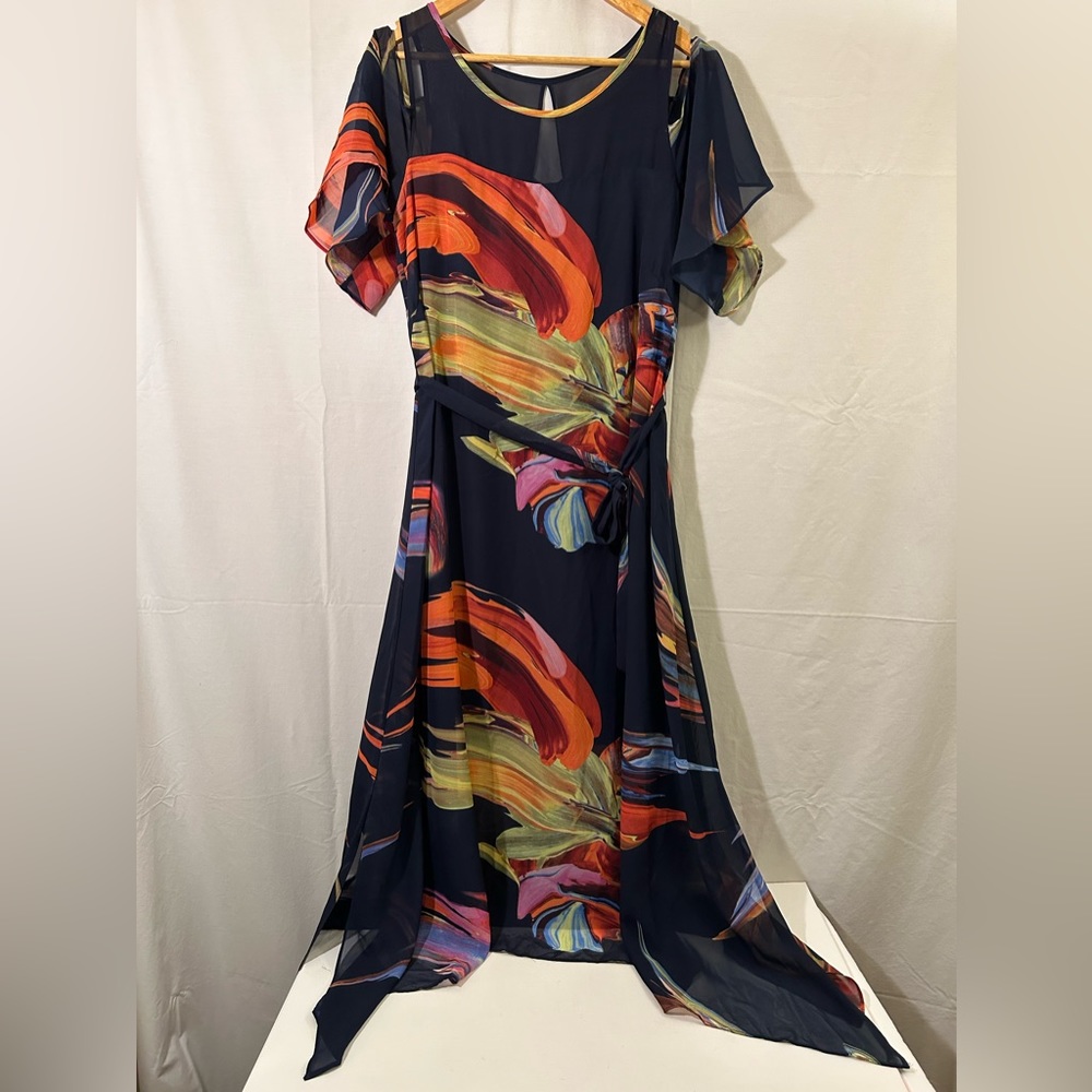 Signature Robbie Bee Cold-Shoulder Sheer Printed A-Line Maxi Dress Size 14